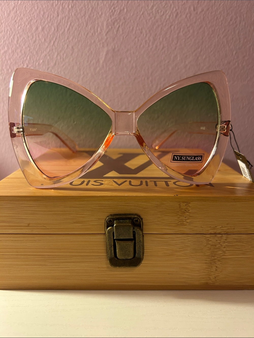 Pink Translucent Cat-Eye Sunglasses with Green Gradient Lenses